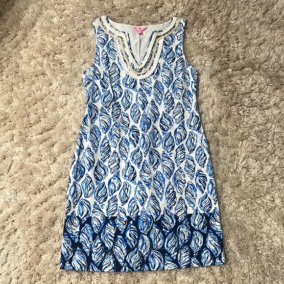 Lilly Pulitzer Harper Dress White Drop in Blue Gold Embroidery Shells - Small - Picture 1 of 8
